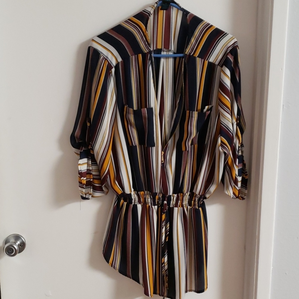 Plus Navy Striped Half Zipped Smocked Blouse
